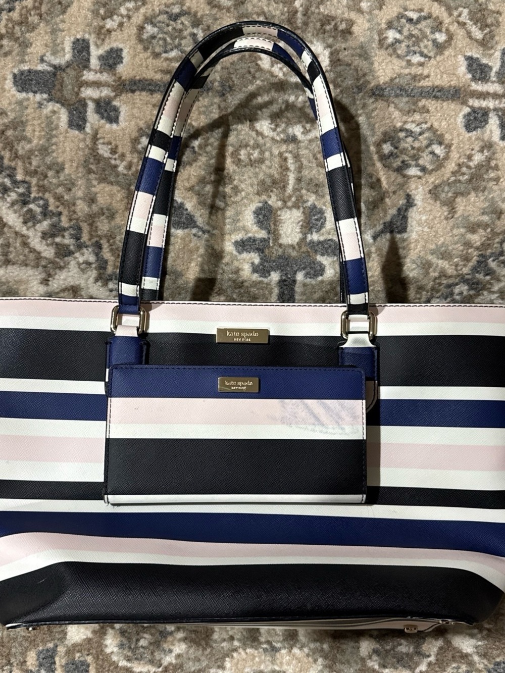 kate spade Navy, Black, white & Blush Striped Tote + wallet